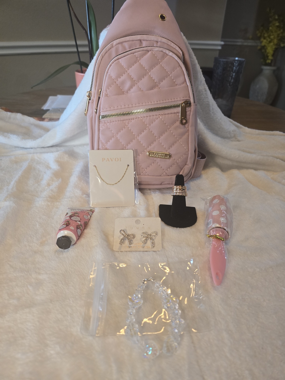 Quilted Pink Mini Backpack Slingbag with Gold Hardware & Jewelry Bundle